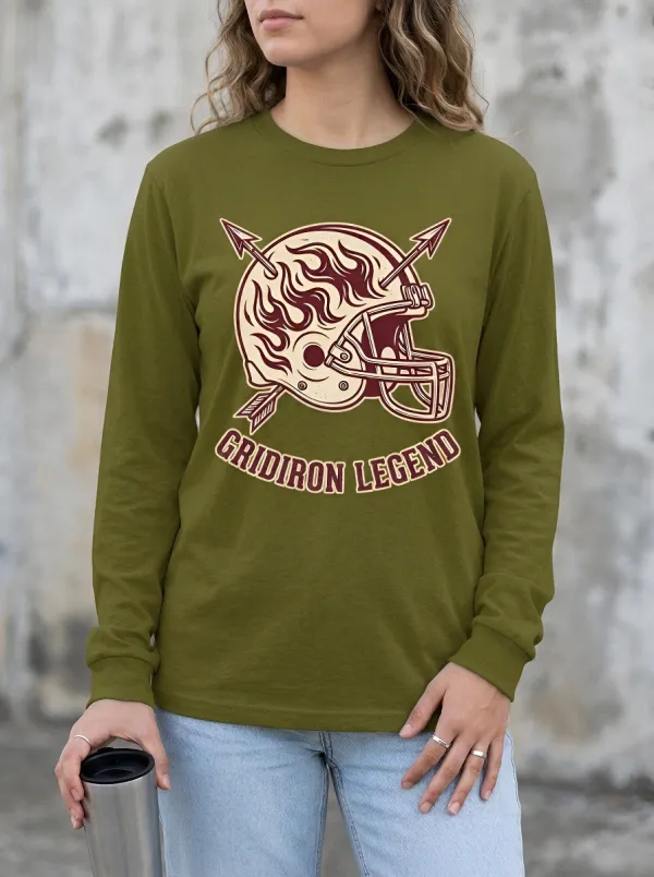 Women's Football Fan Gridiron Legend Flaming Helmet Graphic Long Sleeve Shirt