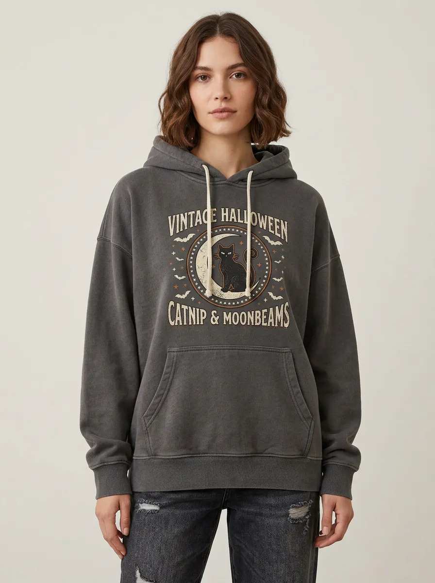 Women's Halloween Cat Lover Moon Bat Printed Hoodie
