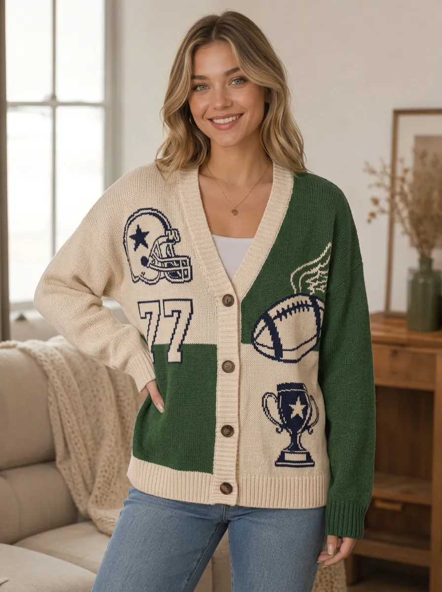 Women's Athletic Inspired Helmet Football Trophy Knitted Cardigan