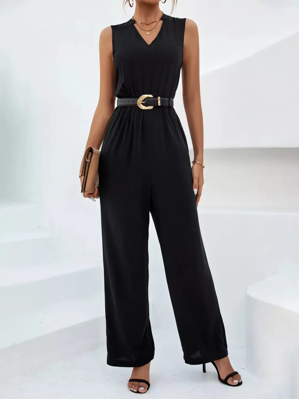 Sleeveless V Neck Wide Leg Jumpsuit