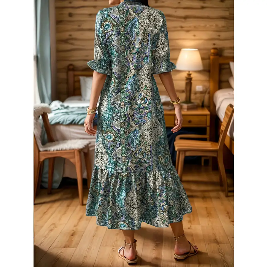 Full Size Bohemian Paisley Ruffle Hem Midi Dress Plus Size