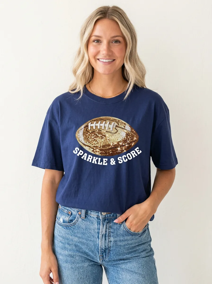 Women's Modern Football Ball Sequin Crew Neck Graphic T-Shirt