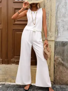 Round-Neck Cutout Pants Matching Set