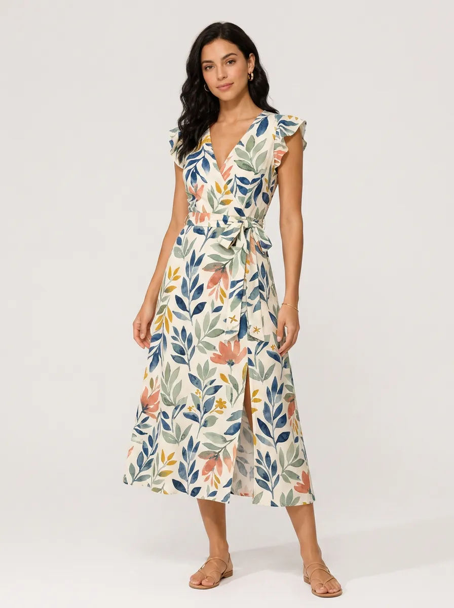 Women's Botanical Summer Floral Watercolor Printed Wrap Dress