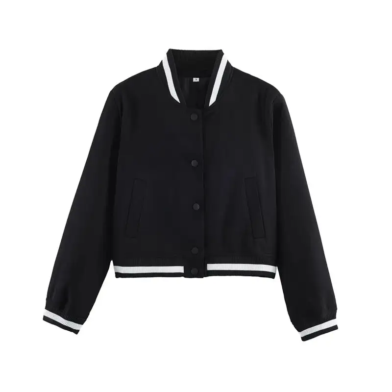 Varsity Cropped Snap Front Ribbed Trim Bomber Jacket