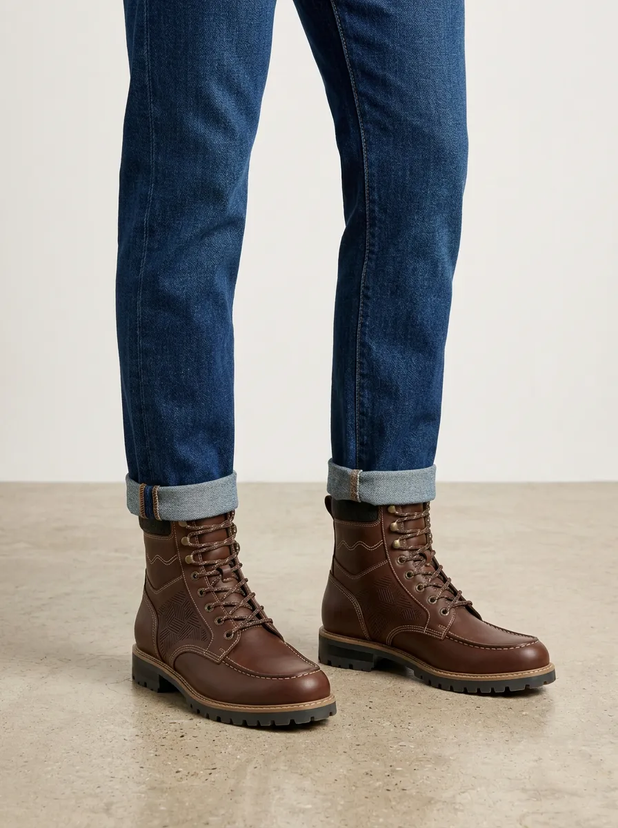 Unisex Geometric Pattern Embossed Leather Work Boots