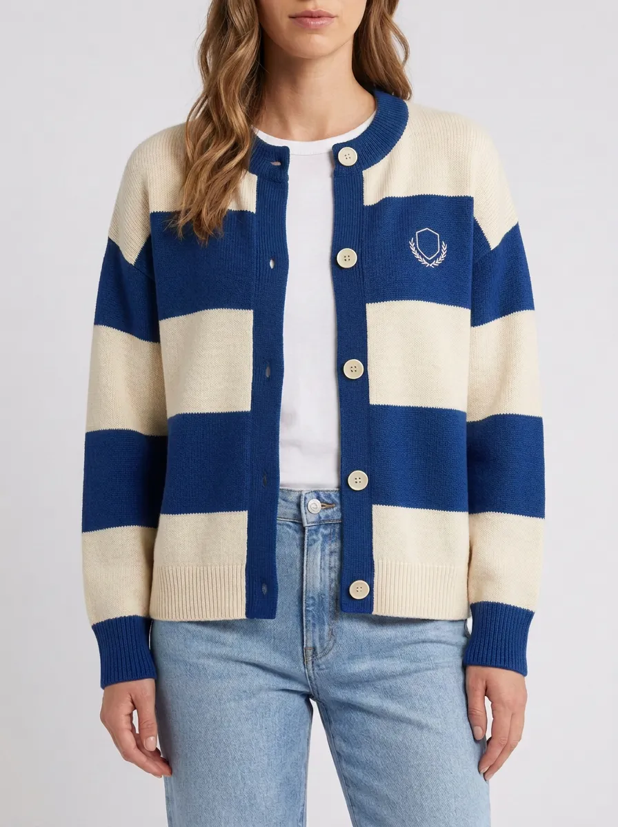 Embroidered Rugby Striped Shield Embroidered Cardigan
