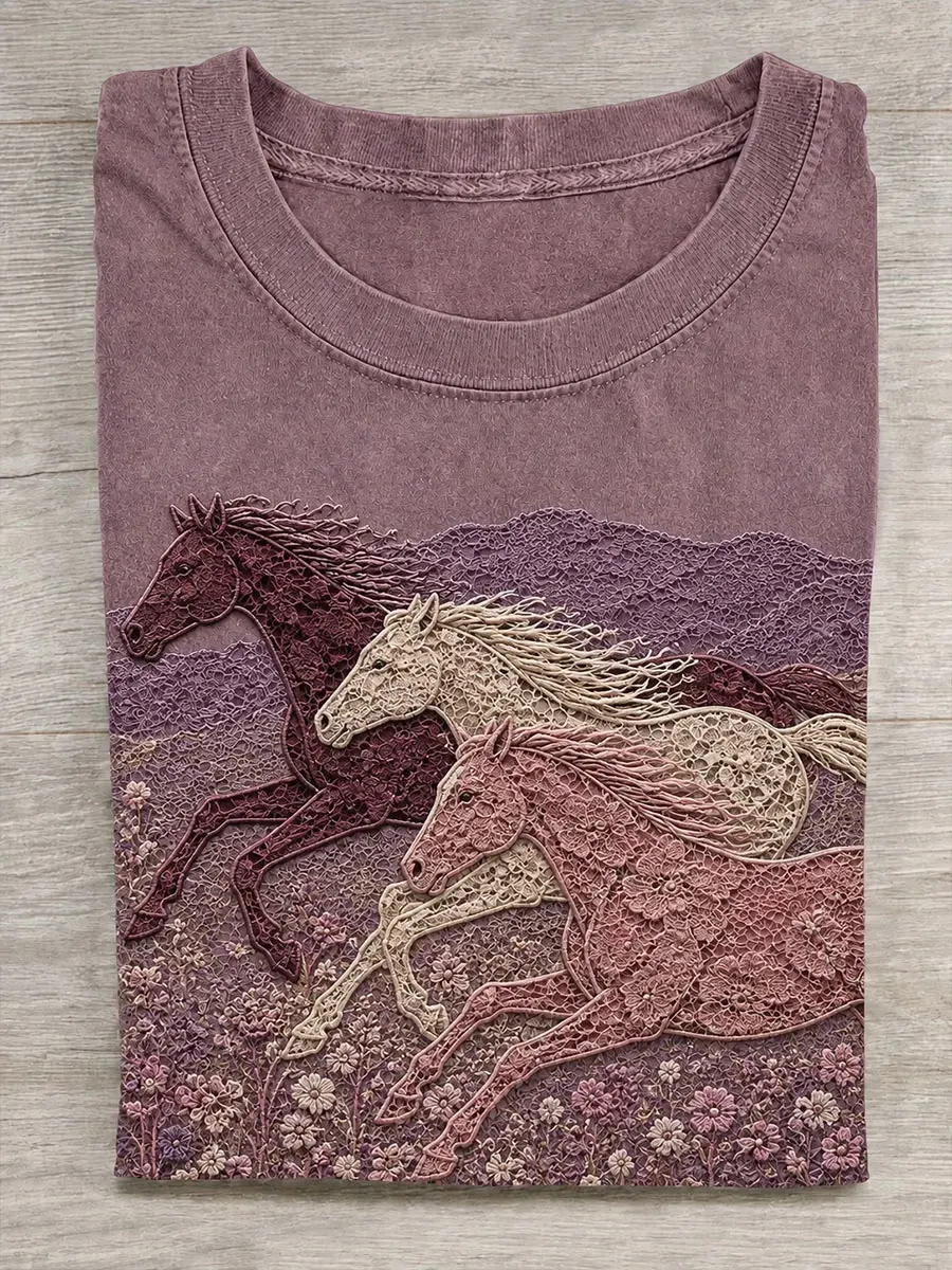 Vintage Wild Horse Pattern Casual T-Shirt