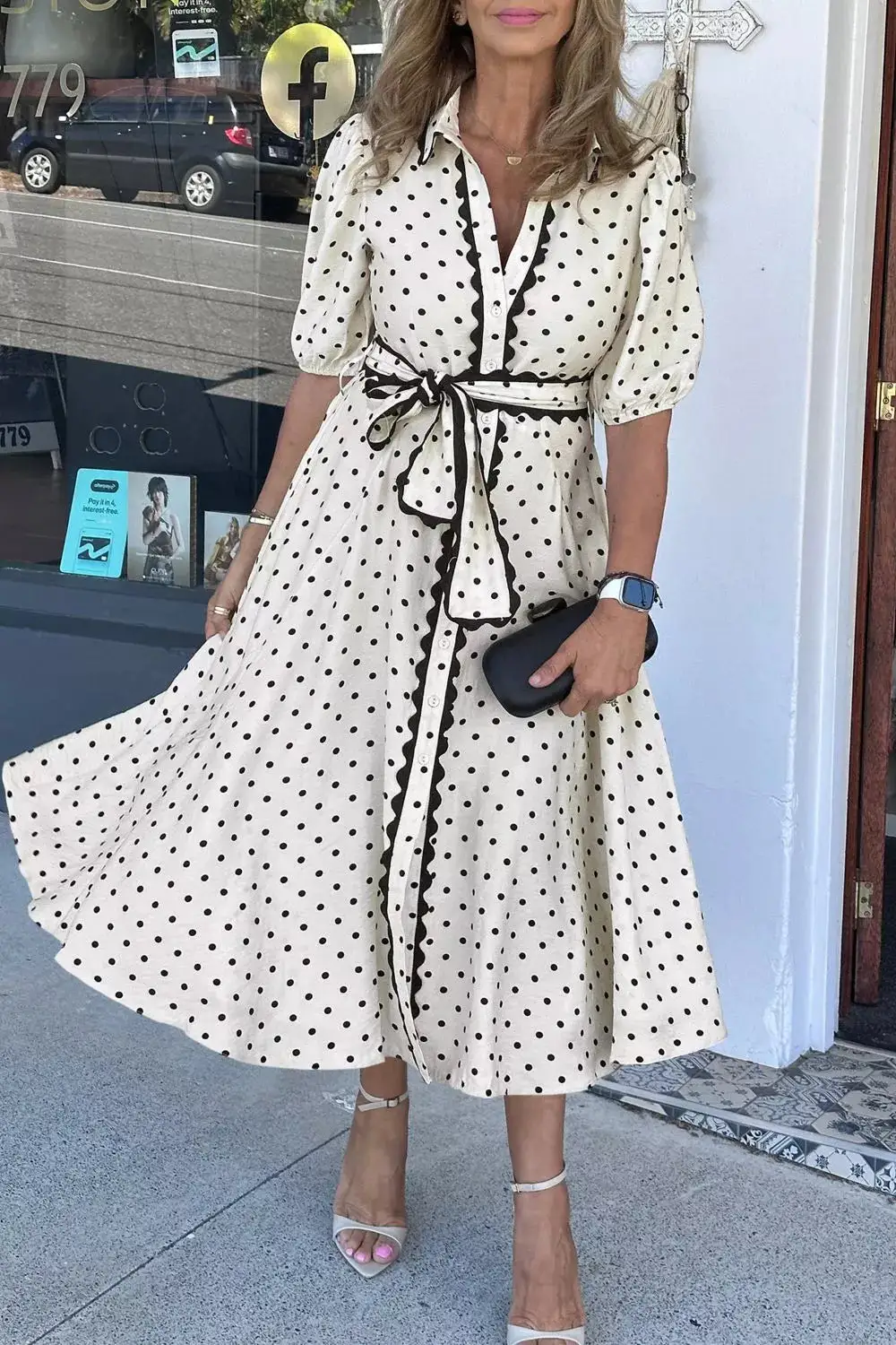 Half-Sleeve Polka-Dot Midi Dress