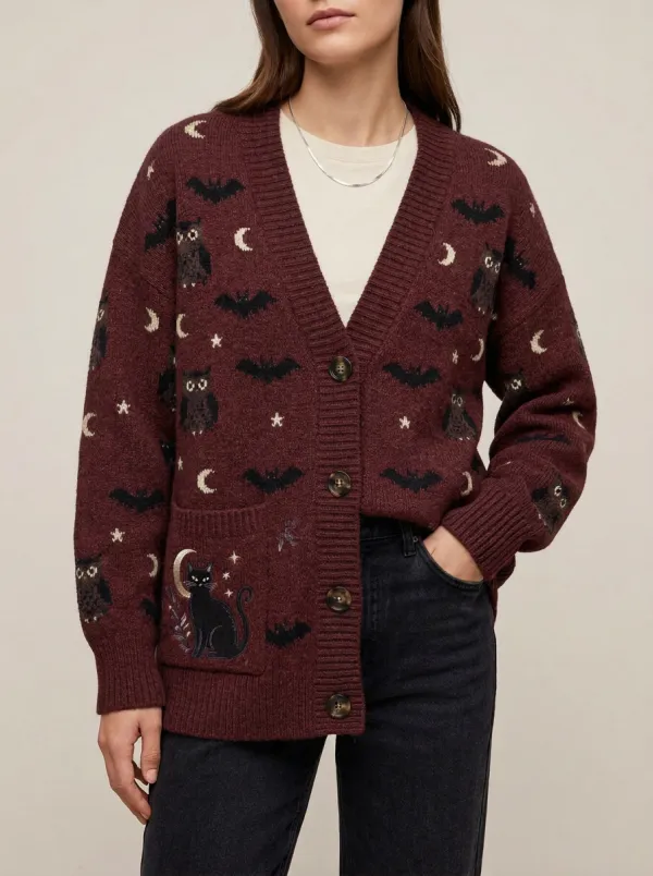 Women's Owl Bat Cat Moon Halloween Knit Cardigan