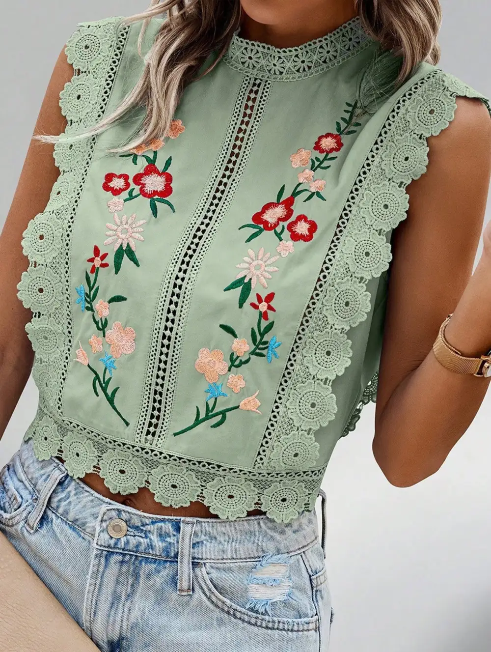 Lace Embroidered Sleeveless Blouse