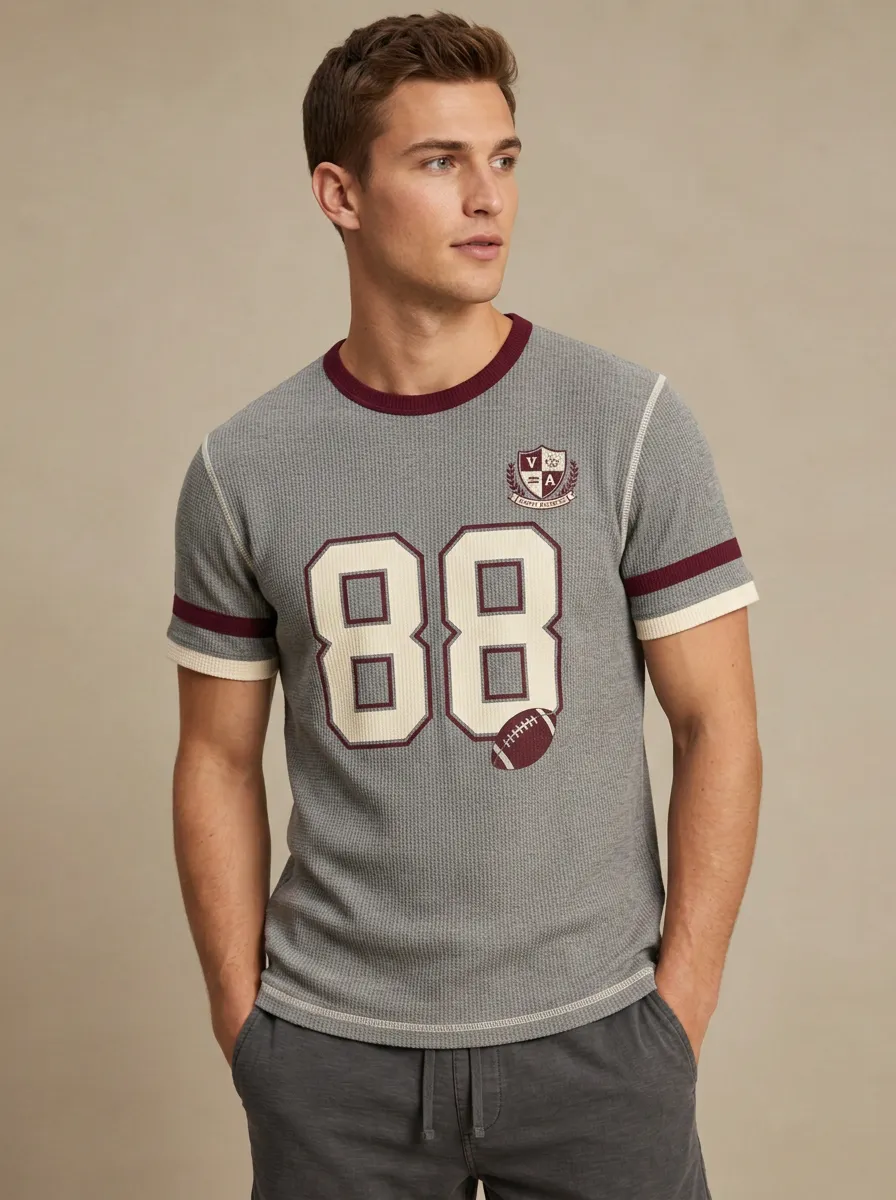 Men's American Football 88 Number Crest Printed Waffle T-shirt