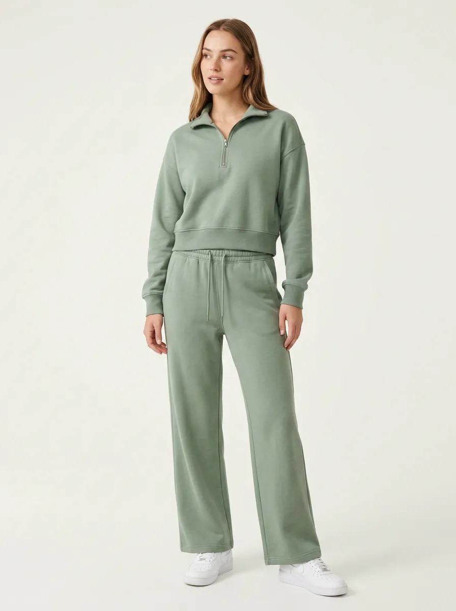 Women's Sage Green Quarter Zip Pullover Wide Leg Sweatpants Set