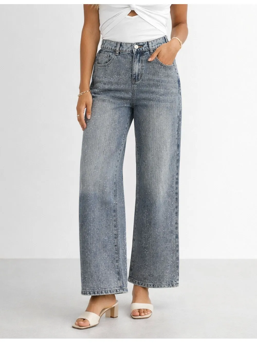 Allover Rhinestone Button Fly Wide Leg Denim Pants