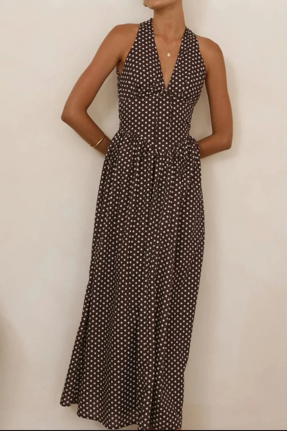 Classic Halter Polka-Dot Maxi Dress