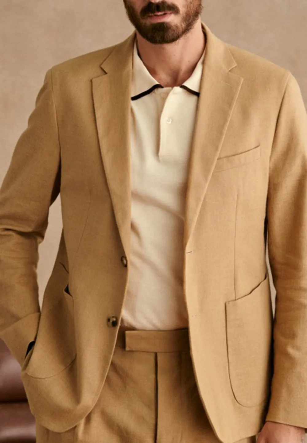 Sand Beige Linen Blend Tailored Unstructured Blazer