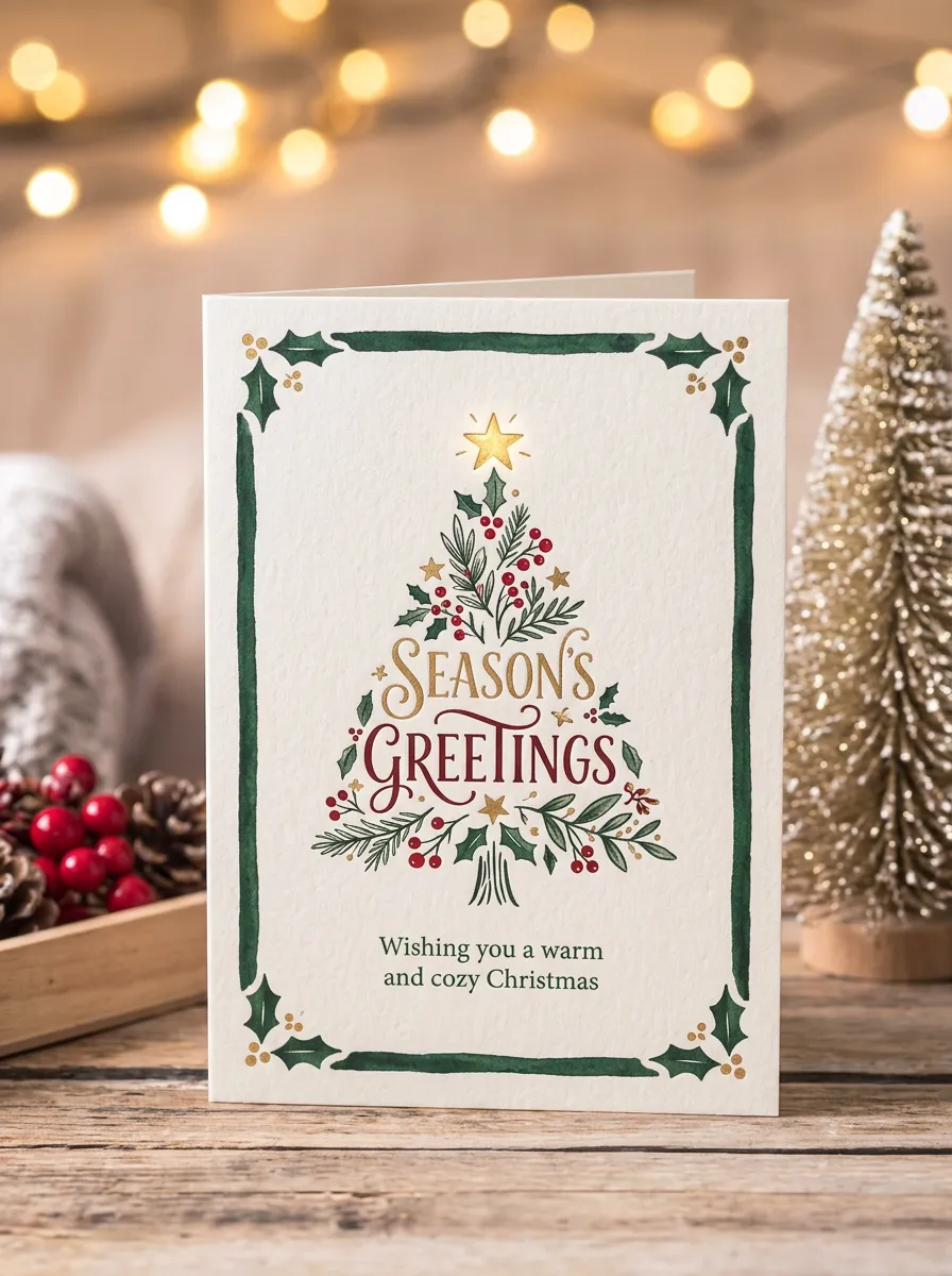 Christmas Season's Greetings Watercolor Tree Greeting Card
