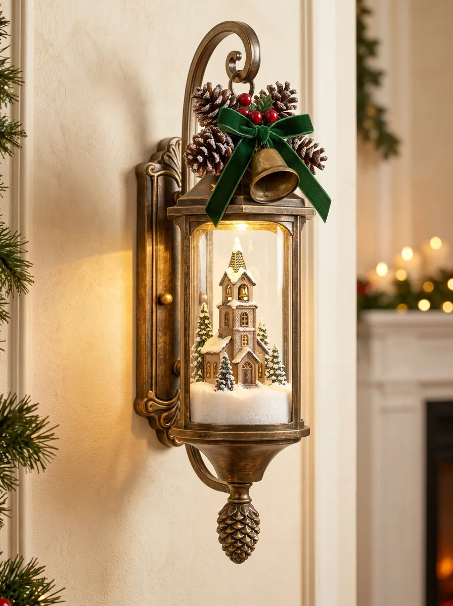 Village Church Pinecone Bow Christmas Wall Light