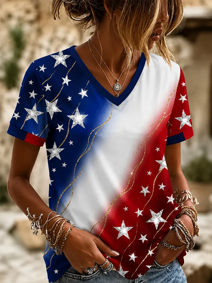 Women's US Independence Day Gradient Print Short Sleeve T-shirt