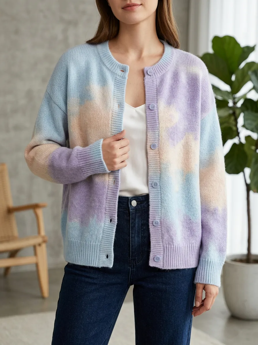Women's Pastel Tie-Dye Pattern Printed Hip Length Versatile Layering Cardigan