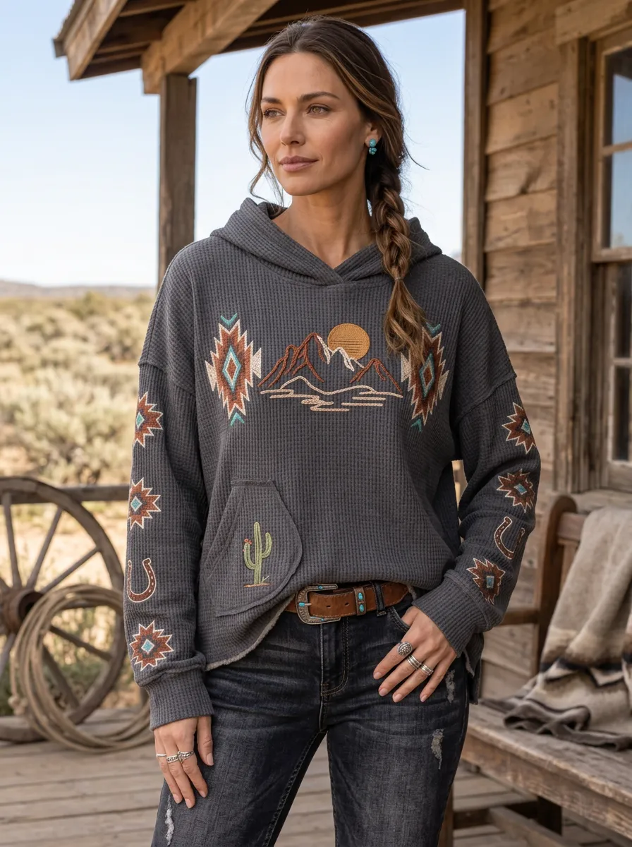 Women's Western B3 Desert Mountain Cactus Printed Hoodie