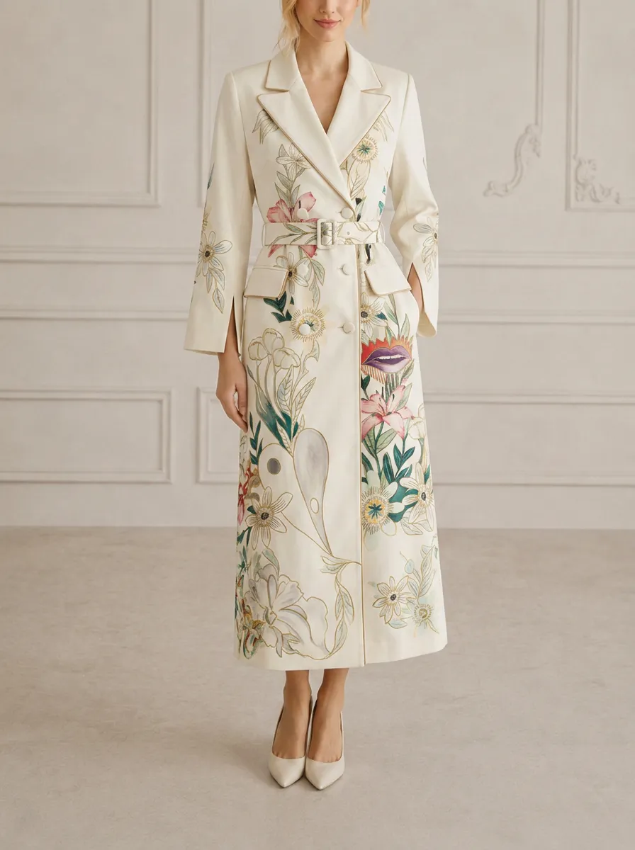 Women's Floral Lip Art Printed Trench Coat