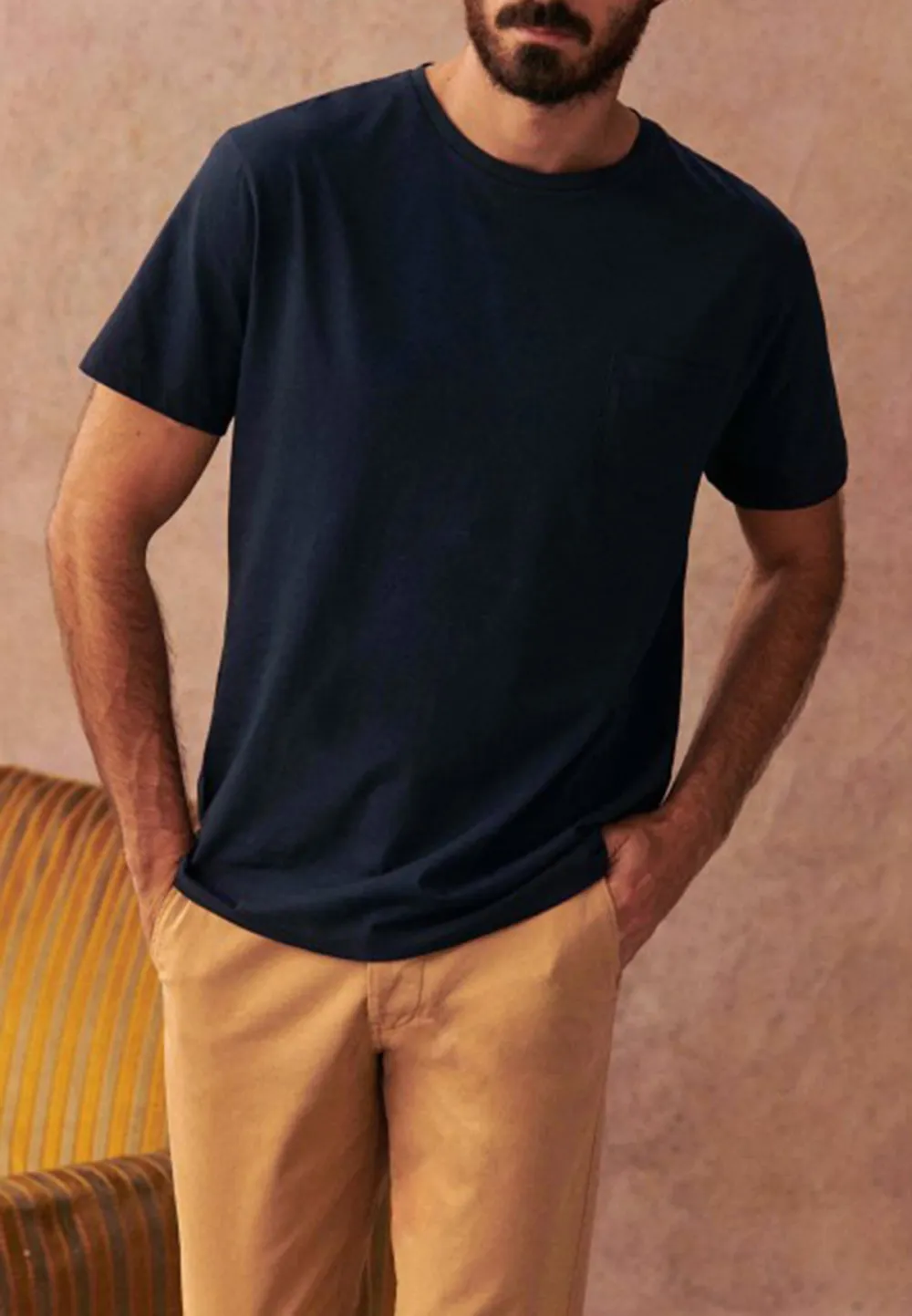 Navy Blue Pocket Crew Neck Cotton T-Shirt