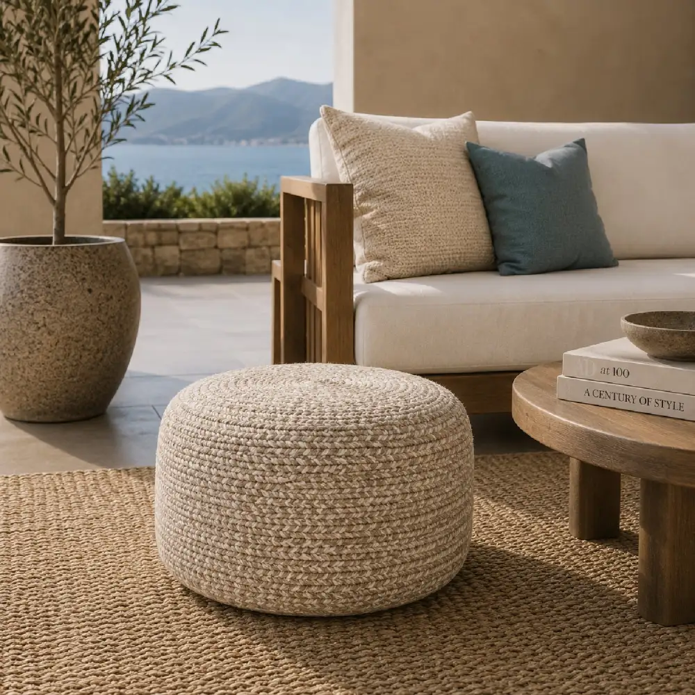 Round Woven Outdoor Pouf