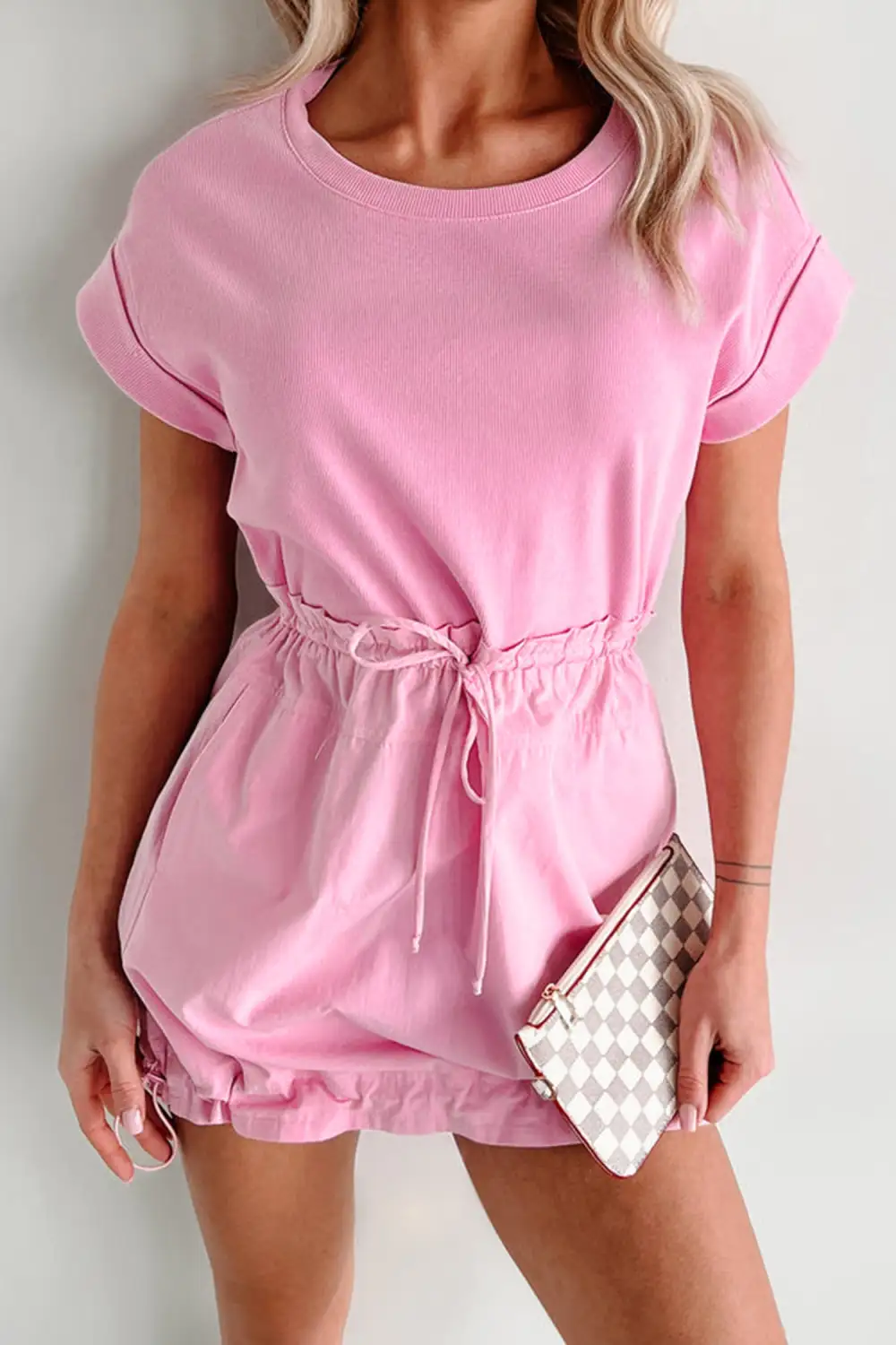Cuffed Short Sleeve Mix Fabric Patchwork Drawstring Mini Dress