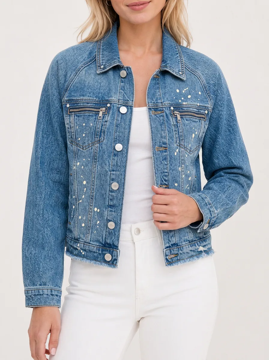 Women's Casual Fashion White Paint Splatter Printed Denim Jacket