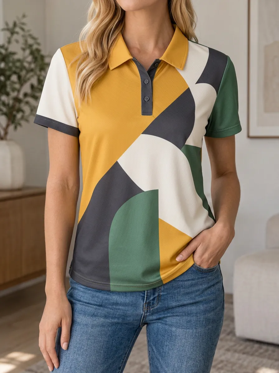 Women's Modern Geometric Abstract Colorblock Polo Shirt