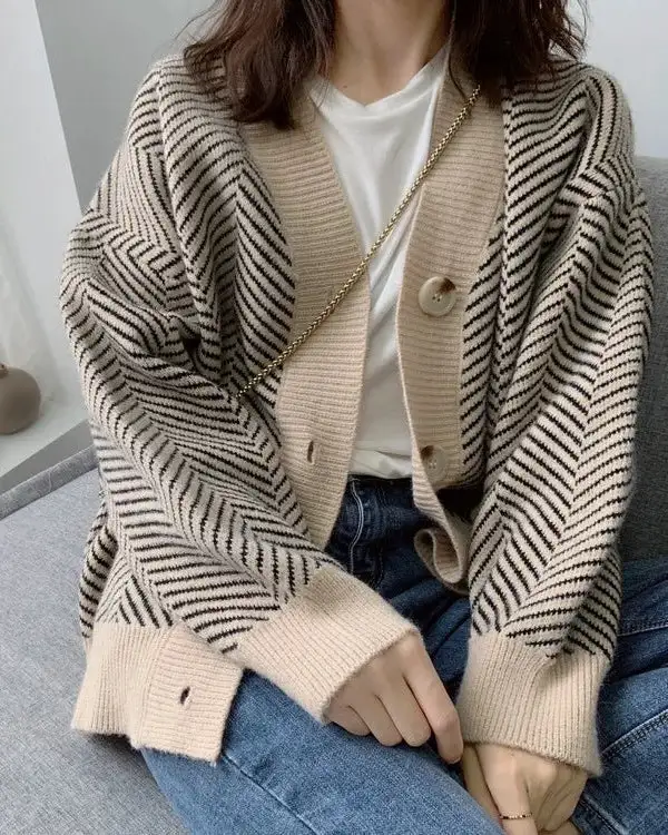 Acrylic-Blend Polyester-Blend V-Neck Oversized Cardigan