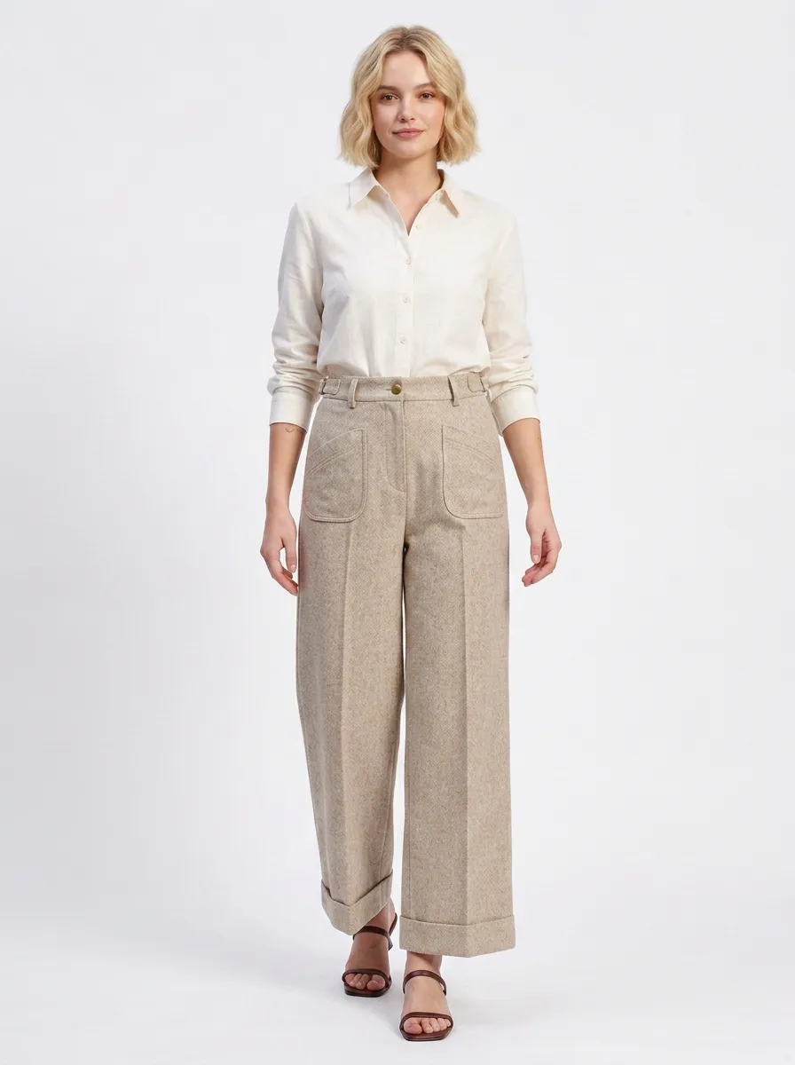 Women's Casual Minimalist Beige Wide Leg Pocketed Trousers