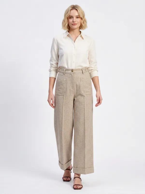 Women's Casual Minimalist Beige Wide Leg Pocketed Trousers