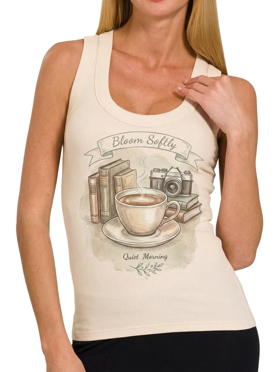 Women's Book Coffee Camera Lover Bloom Softly Printed Tank Top
