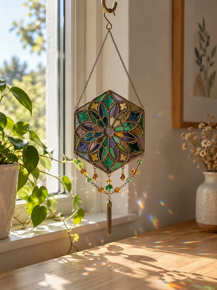 Hexagon Stained Glass Floral Pattern Crystal Suncatcher Pendant