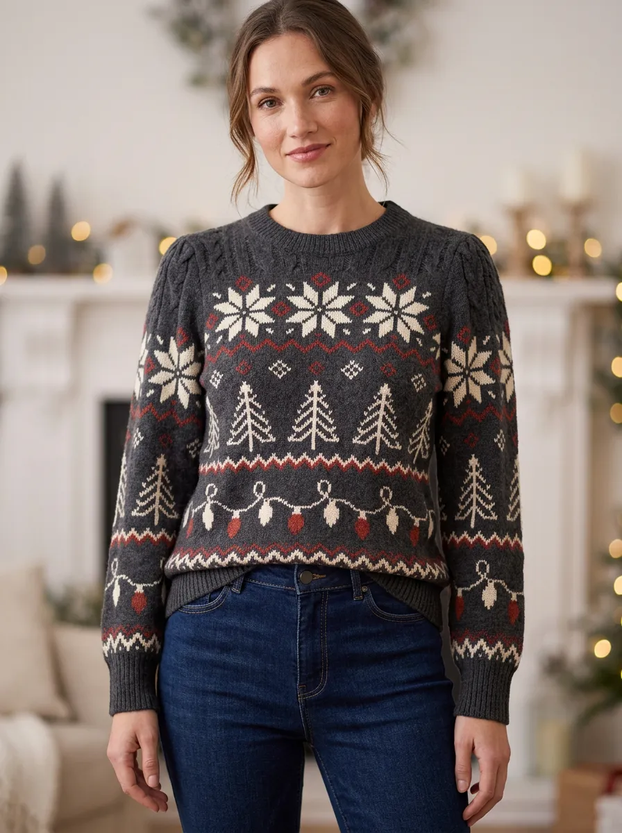 Christmas Holiday Snowflake Tree Pattern Print Sweater