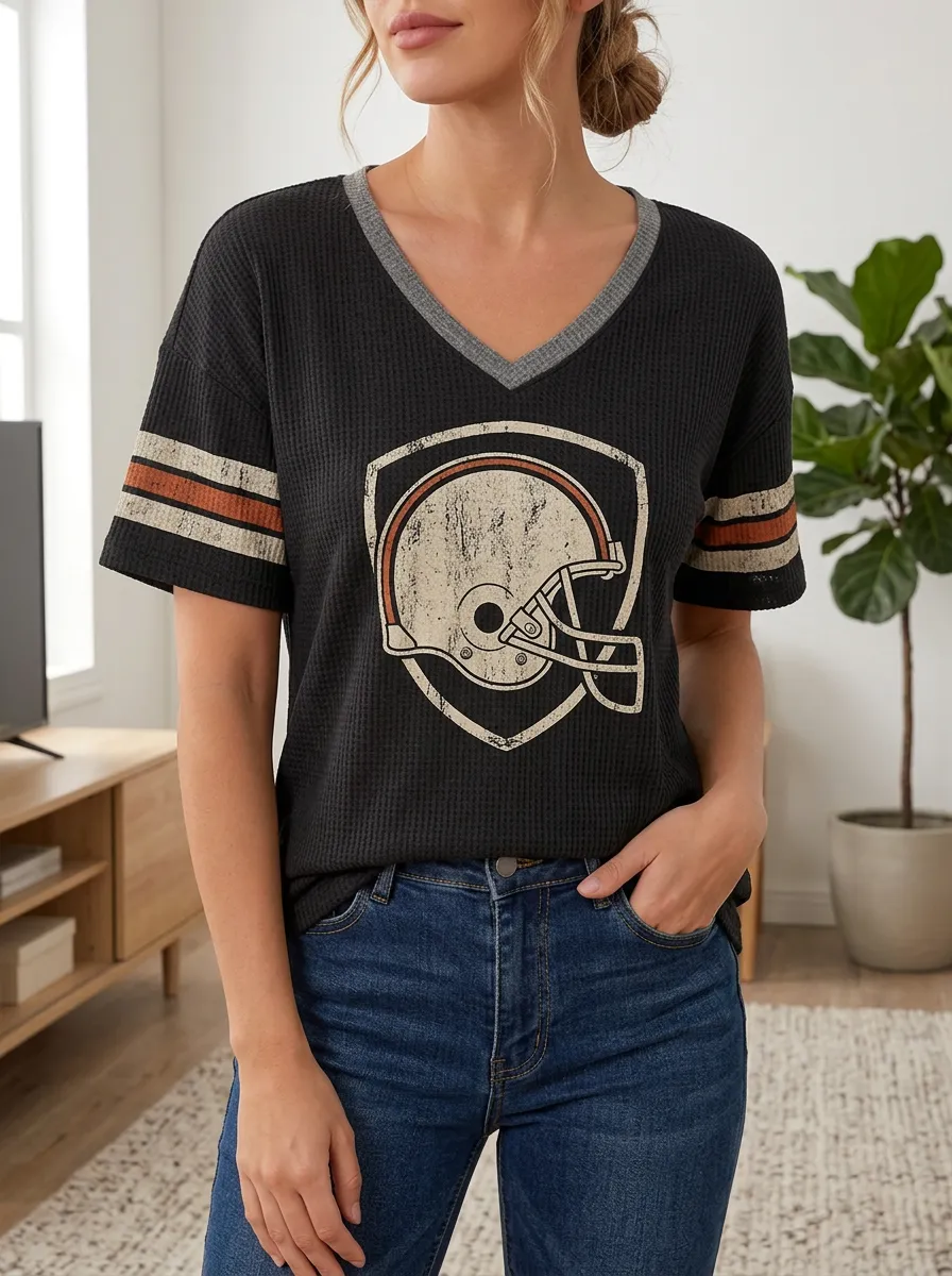 Women's Gridiron Football Fan Vintage Helmet Printed Waffle Knit Top