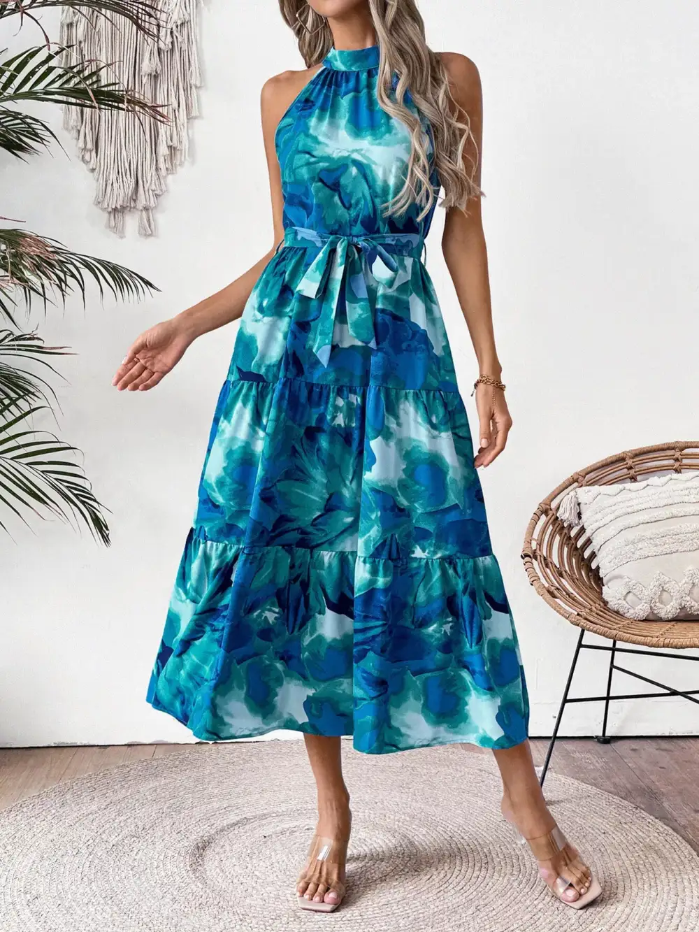 Tie-Waist Tiered Midi Dress