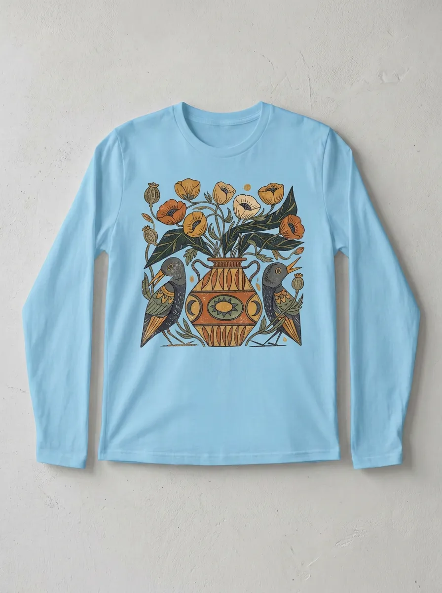 Unisex Folk Art Birds And Floral Vase Long Sleeve Shirt