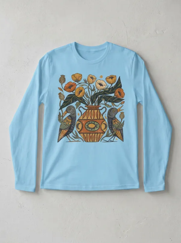 Unisex Folk Art Birds And Floral Vase Long Sleeve Shirt