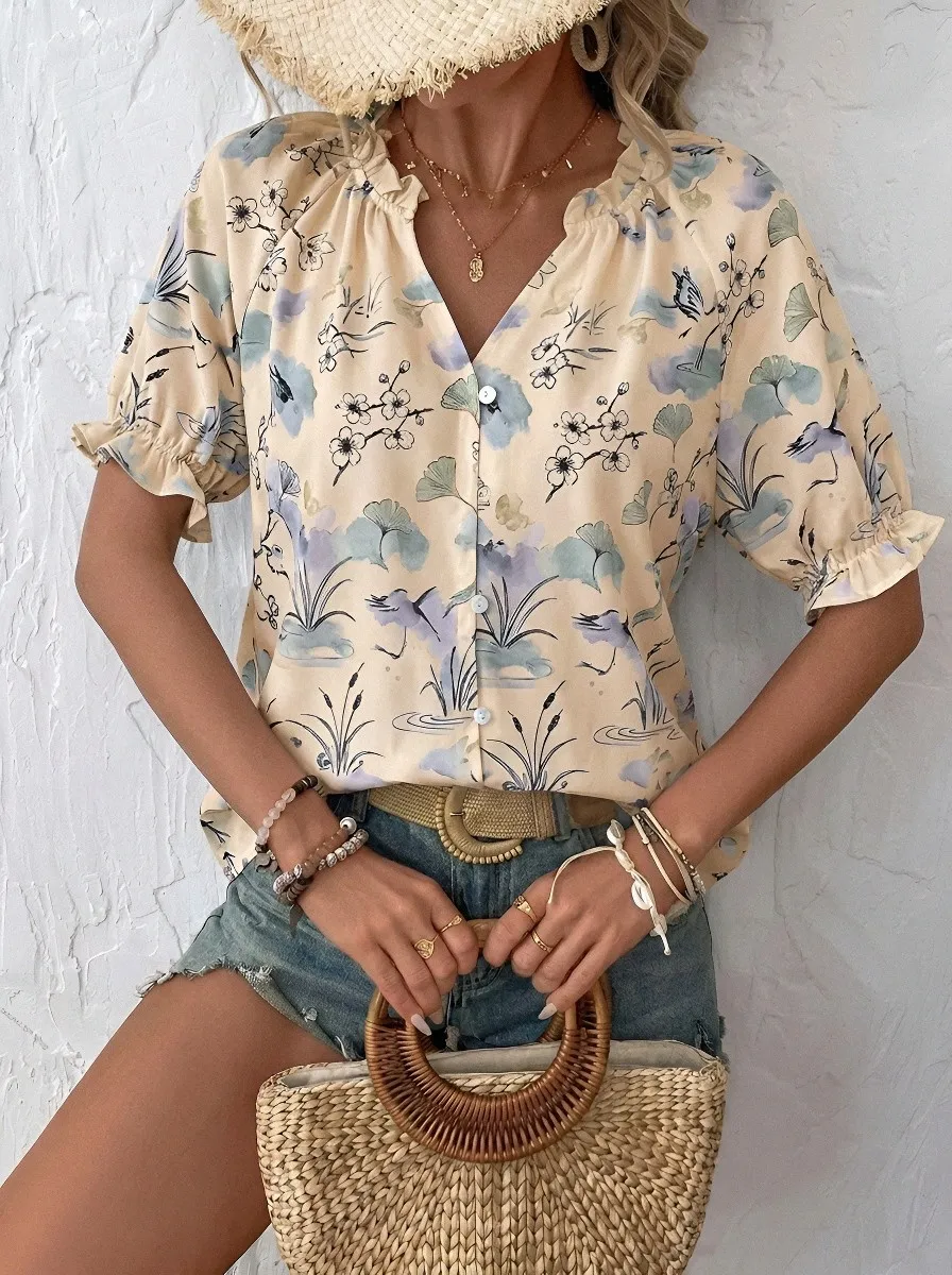 Women's Floral Ginkgo Leaf Crane Printed Ruffle V-Neck Top