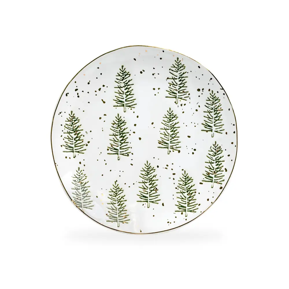 Snowy Pine Trees Organic Shape Stoneware Dessert Plate