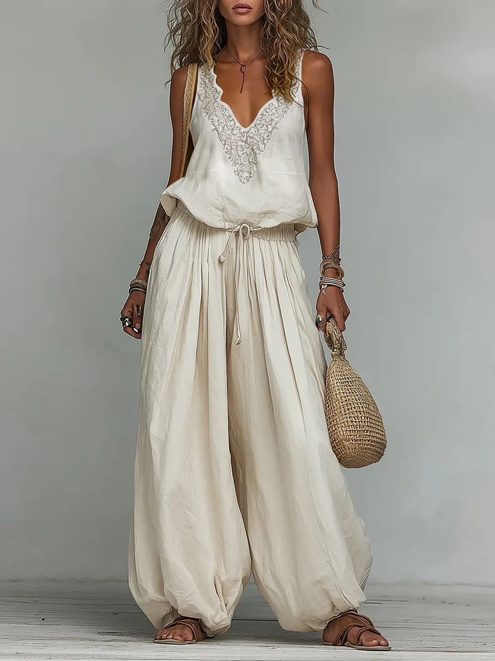 Boho Embroidered Vest & Balloon Pants Set