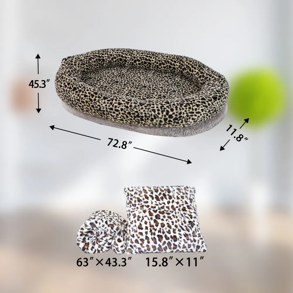 Leopard Print Pet Bed Set with Blanket and Pillow, Pet Furniture for Large Dogs and Cats