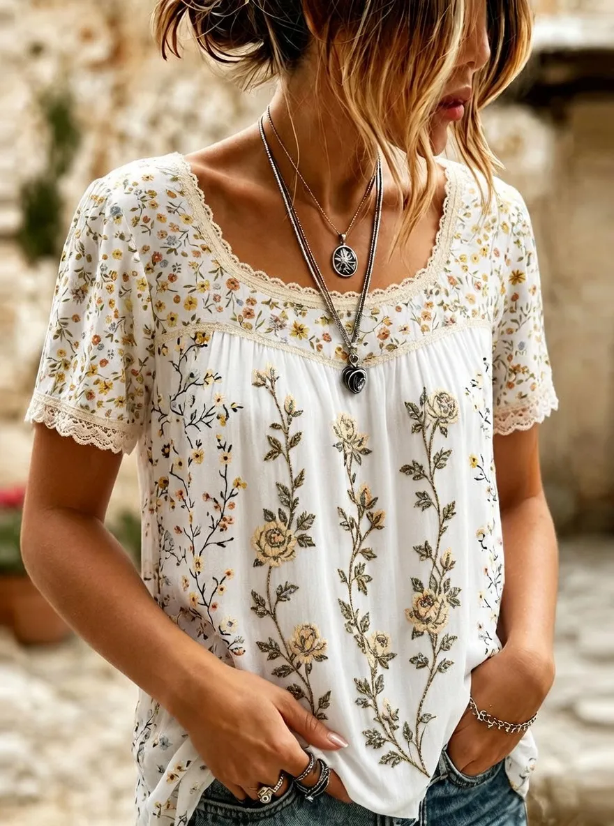 Women's Boho Floral Vintage Rose Embroidered Printed Short Sleeve T-Shirt