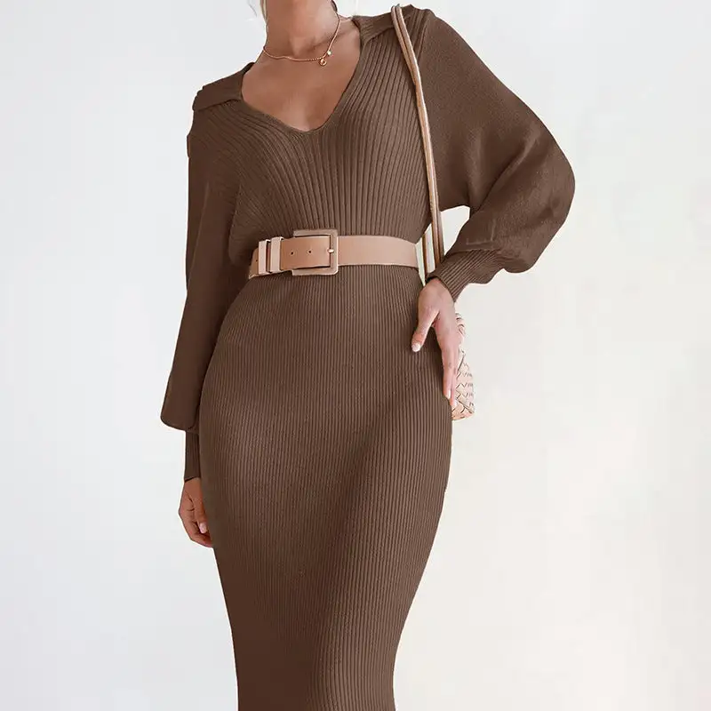 Women's V-Neck Sleeveless Knit Belted Dress
