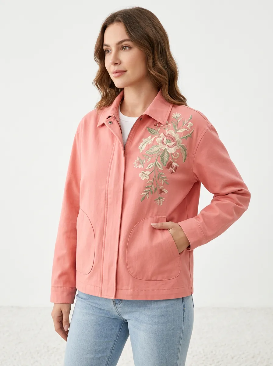 Women's Floral Lover Pink Embroidered Cotton Printed Jacket
