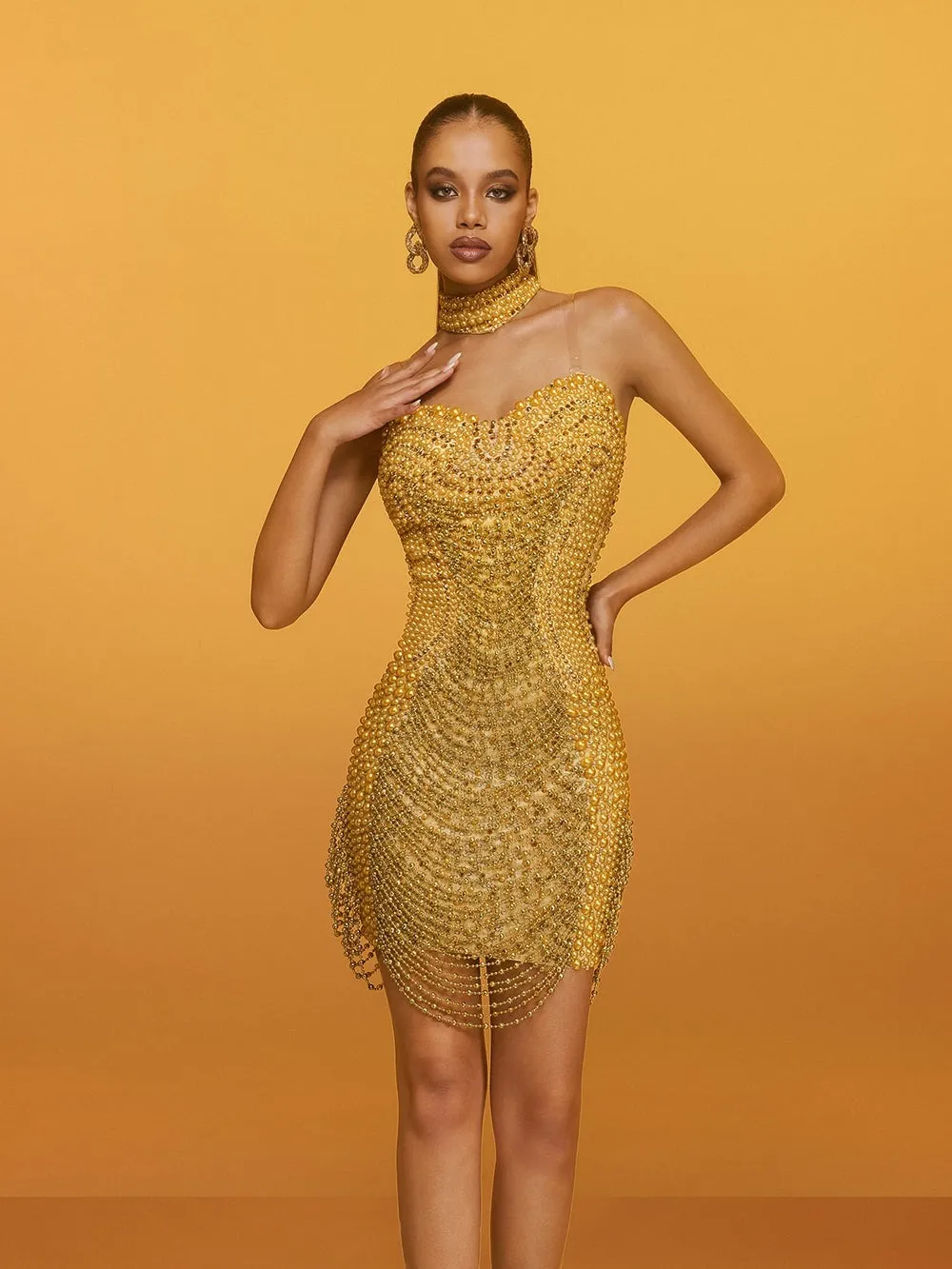 Aryxia Crystal Fringe Chain Mini Dress