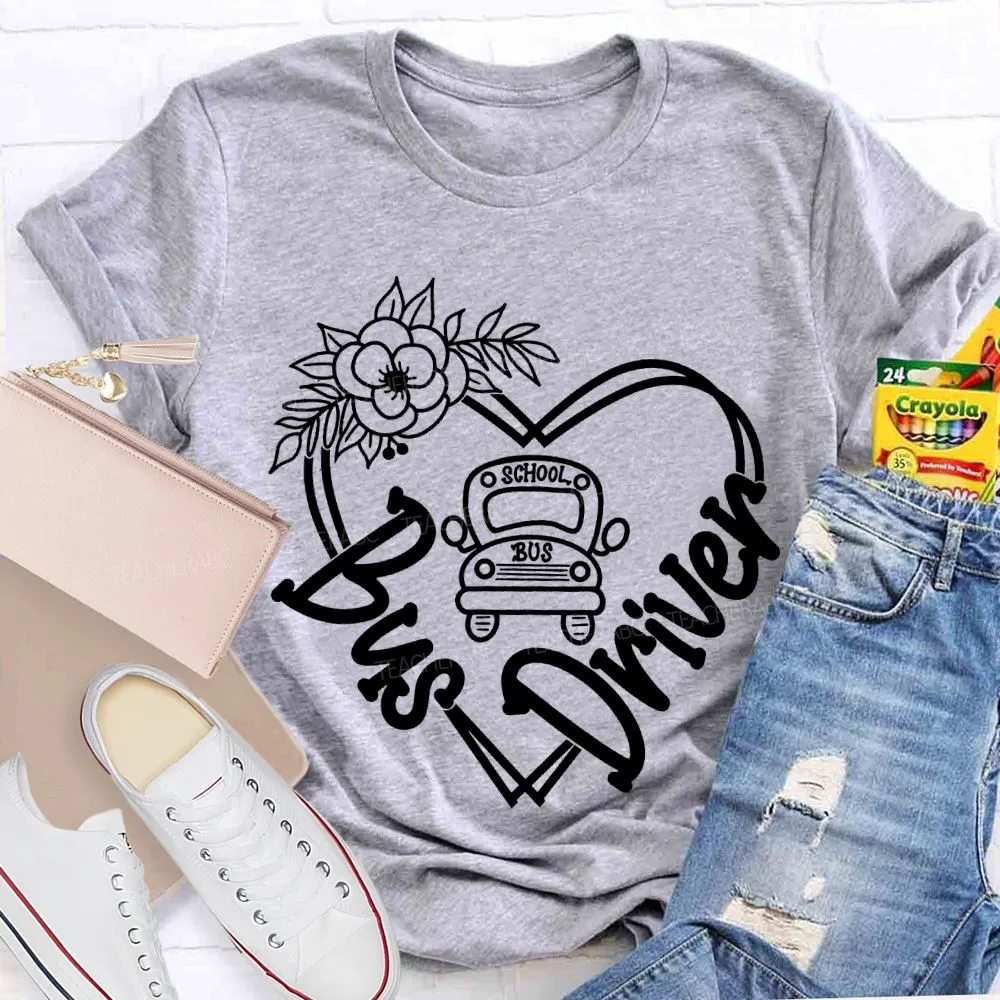 School Bus Driver Flower Heart And School Bus T-Shirt